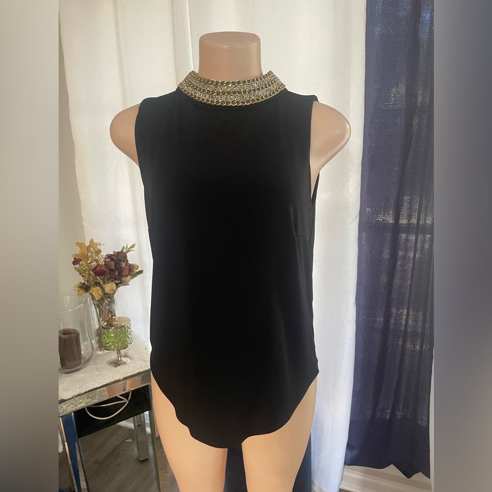 Moa Moa Medium Elegant Black Sleeveless Top with Gold Diamond Accents rich class
